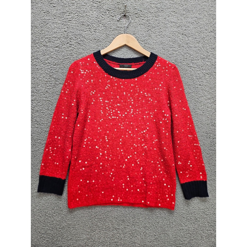 J.Crew Sequin Wool Mohair Sweater Medium Red Navy Blue Holiday Festive Sparkle